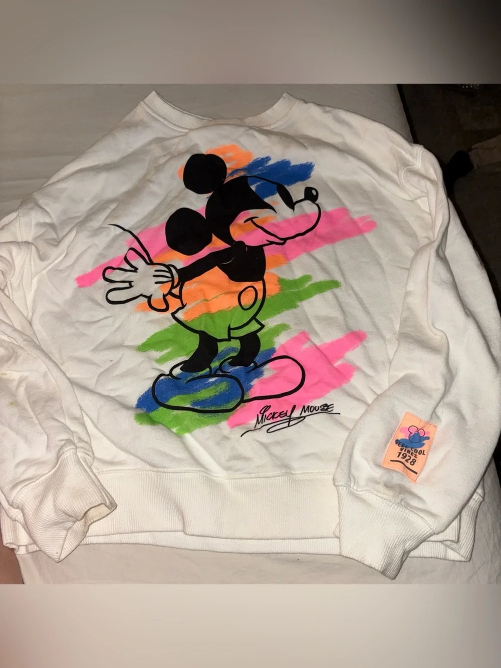 Zara White Kids Sweatshirt with Neon Brushstroke Mickey Graphic